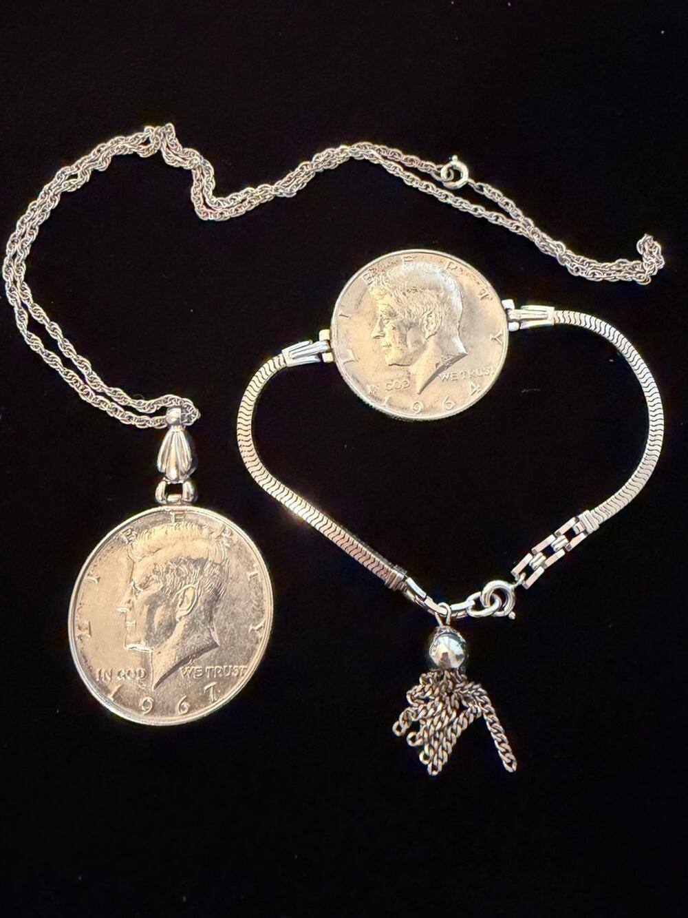 JFK Kennedy Half dollar Necklace & Bracelet  #E446 1964 1967 Sterling Silver 925
